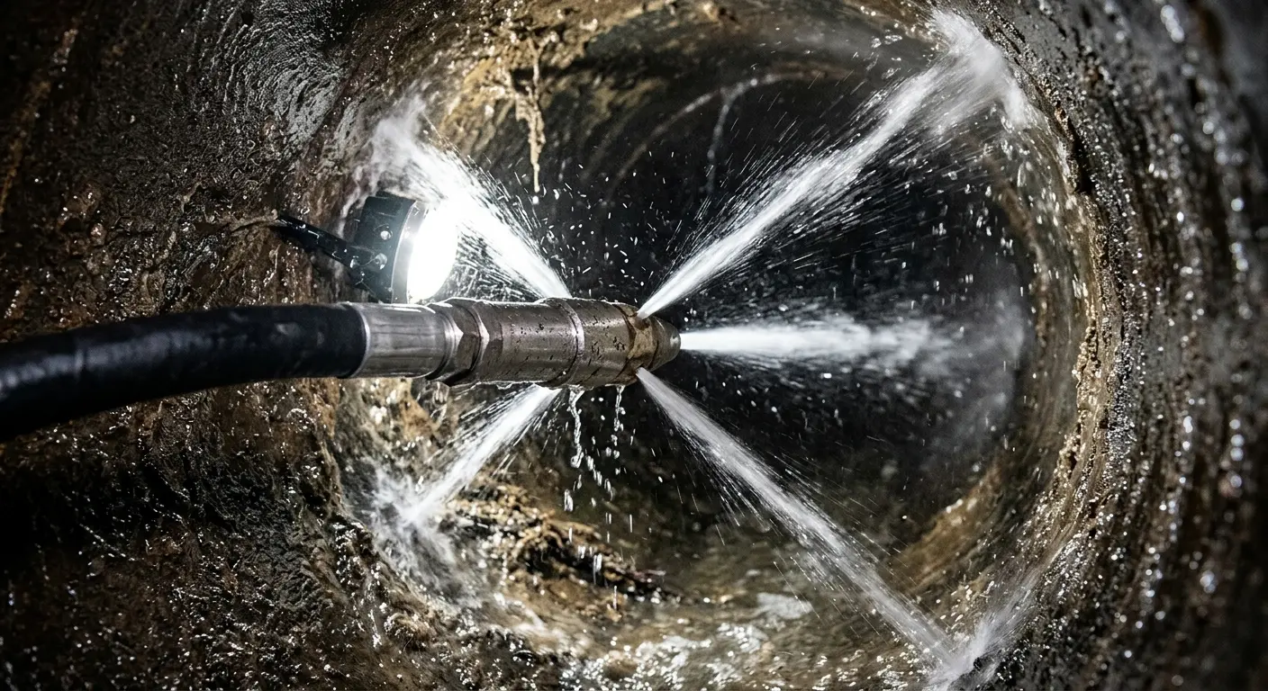 High-pressure hydro jetting nozzle cleaning sewer pipe for Trenchless Sewer Repair in North Strabane