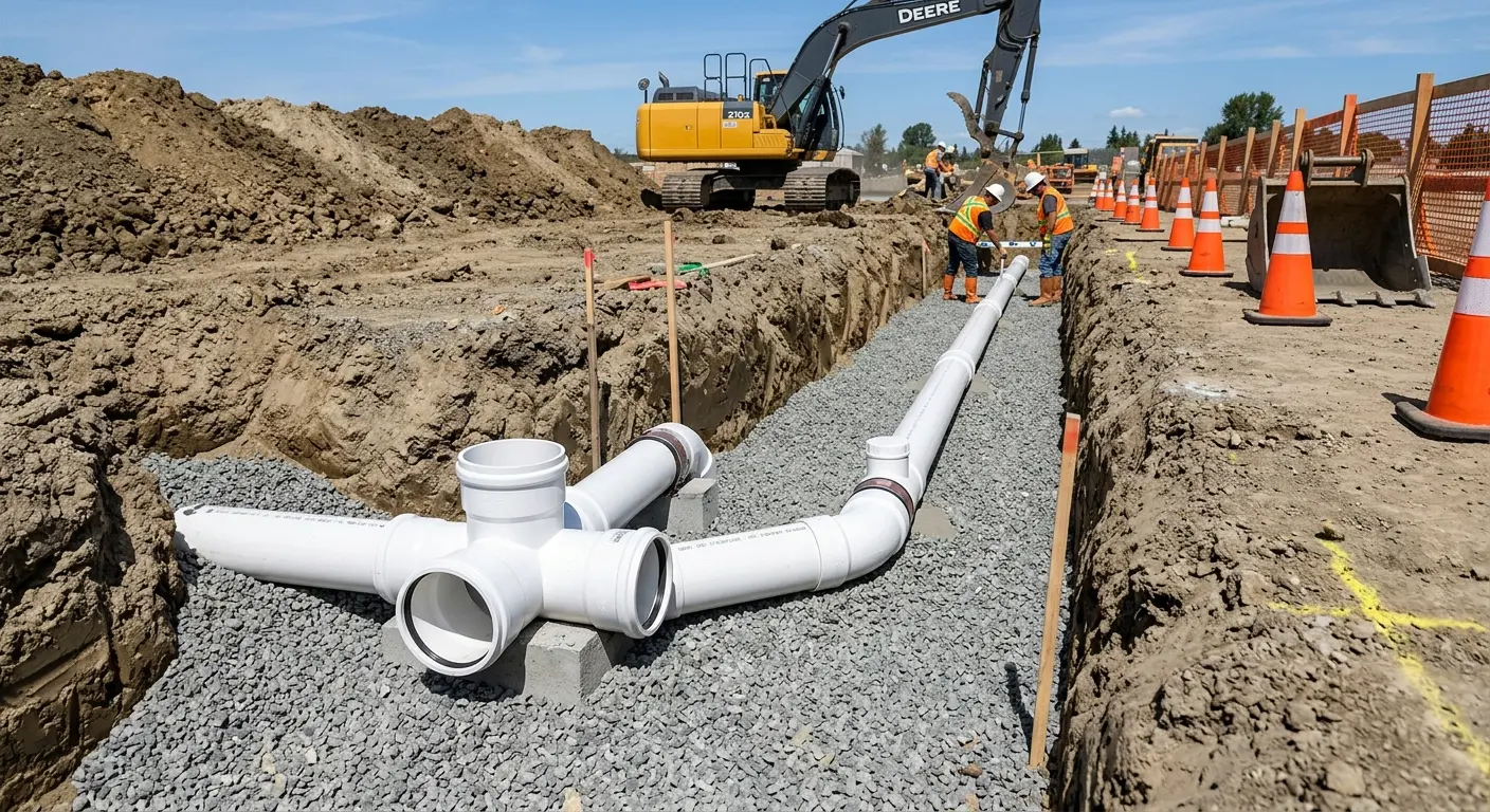 New PVC sewer pipe installation in open trench for Sewer Backup in North Strabane