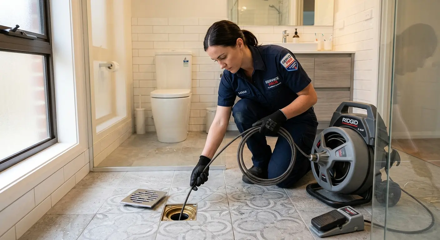 Technician clearing a bathroom floor drain for Drain Cleaning in North Strabane